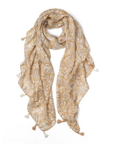 tan scarf, tropical design scarf, scarf with tassels, lightweight scarf, summery scarf
